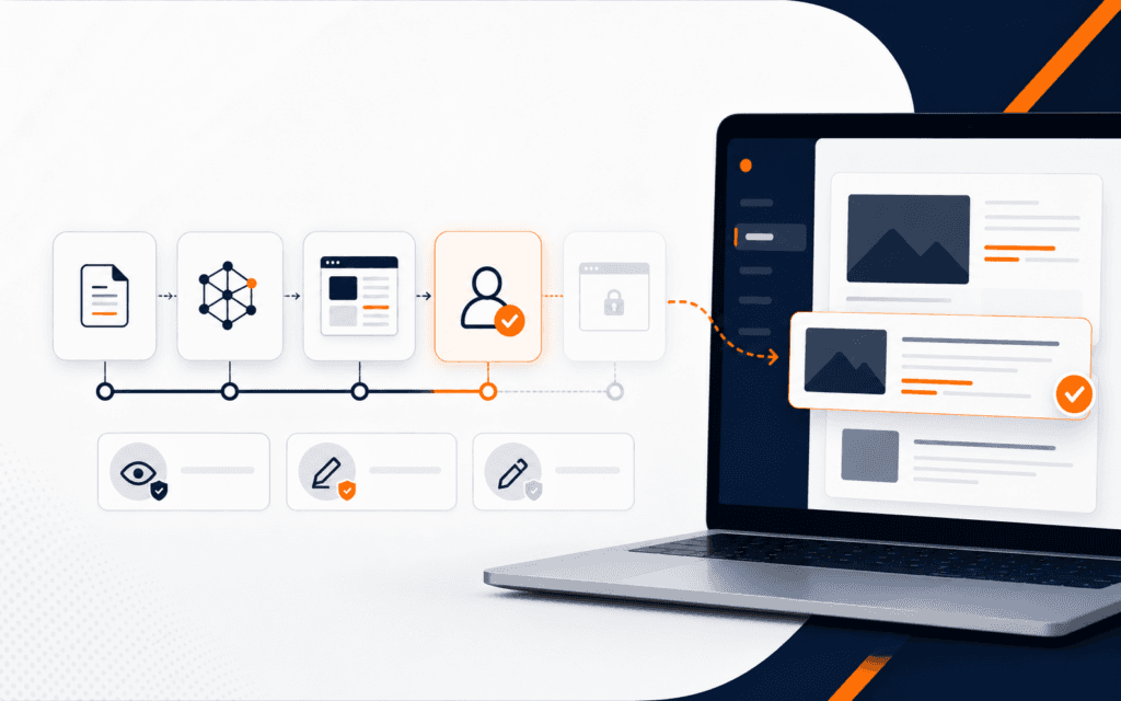 a reviewed AI agent workflow preparing a WordPress content update represented through communicate ai automation and agents step by step tutorial as teach a bounded beginner agent workflow that uses planning, tool access, review checkpoints, and a wordpress content-update example without promising autonomous magic, readable at thumbnail size.
