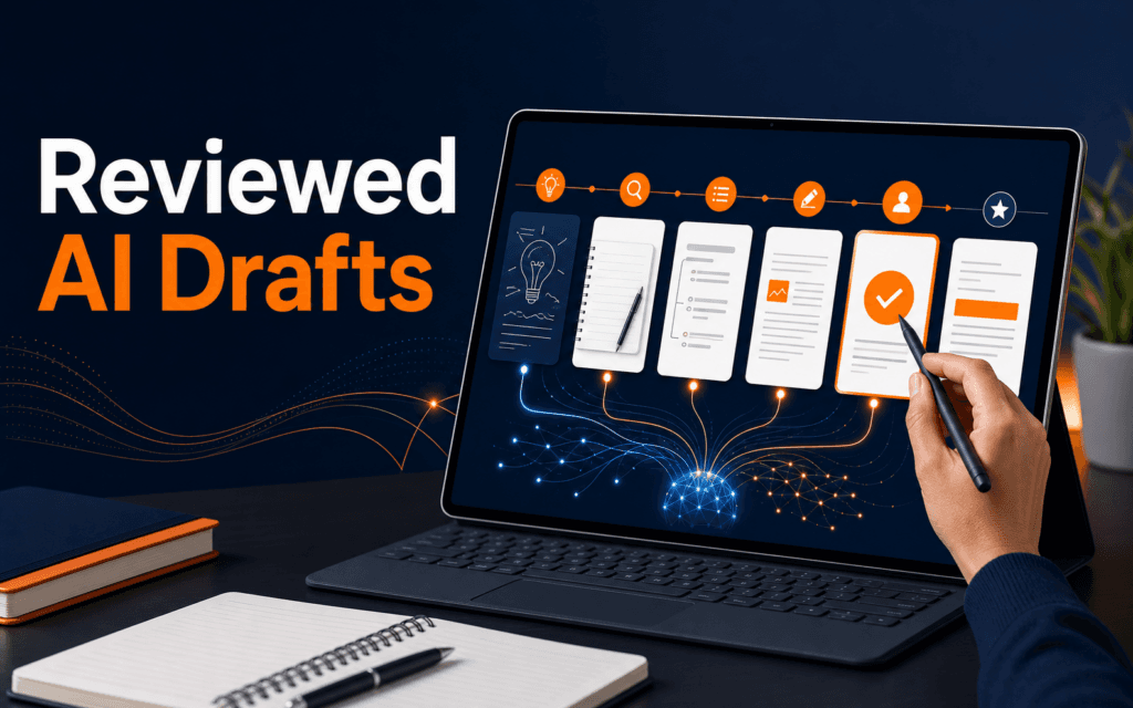 a human-reviewed AI content generation workflow on a modern tablet for a Rising Edge article about A responsible student content workflow from idea and evidence to AI-assisted draft, human review, and final formatting.