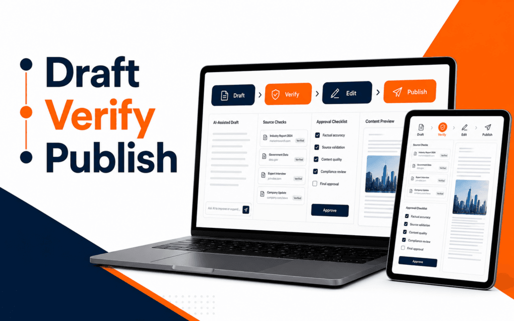 Featured image showing an AI content workflow dashboard with the label Draft Verify Publish.