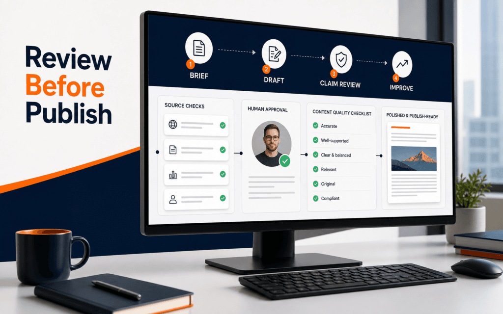 Featured image showing an AI content review workflow with the label Review Before Publish.