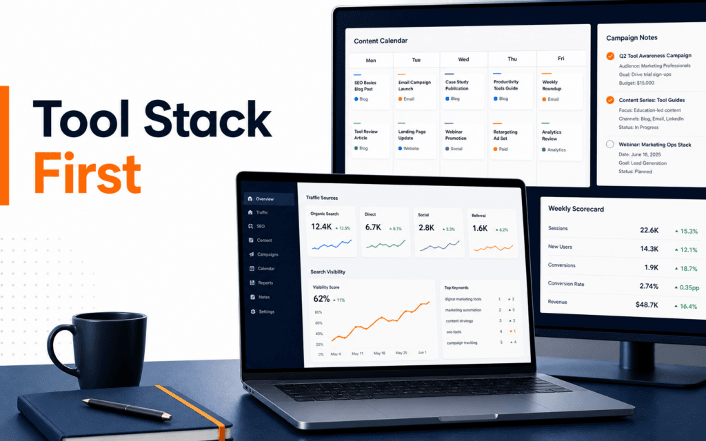 Featured image showing a premium digital marketing tool stack dashboard with the label Tool Stack First.