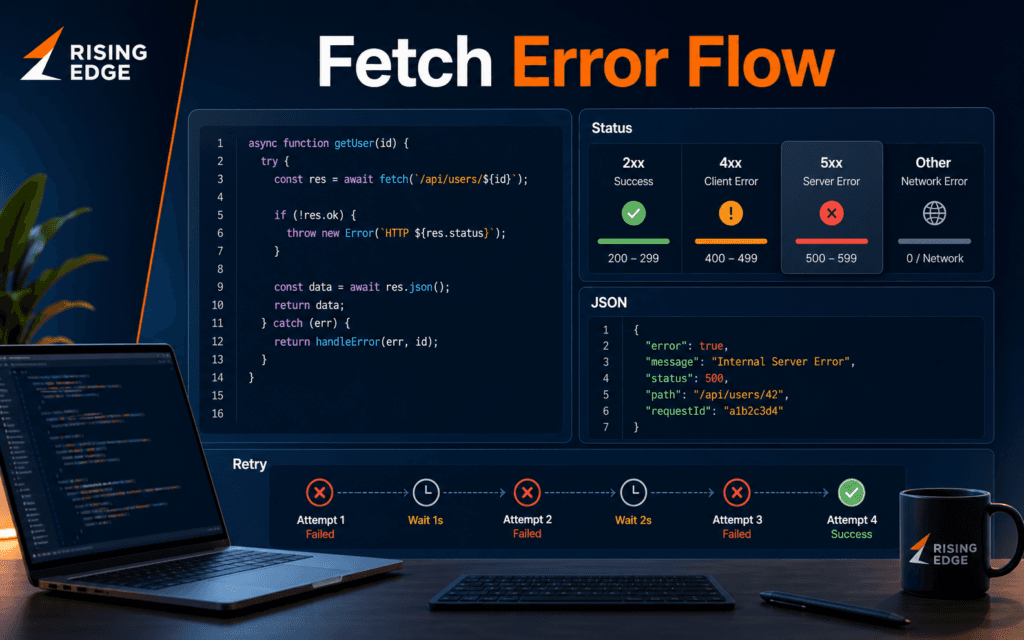 Featured image showing a Fetch API error handling dashboard with status, JSON, and retry logic.
