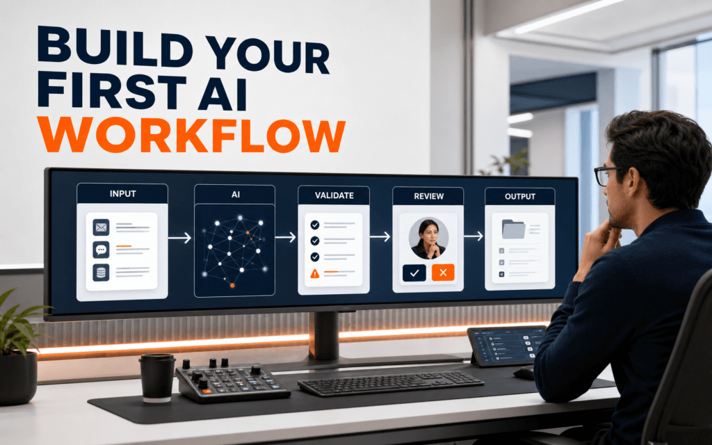 enterprise AI workflow board showing input, AI transformation, validation, human review, and output represented through communicate first ai automation workflow as decision-first workflow design aligned with practical training, readable at thumbnail size.