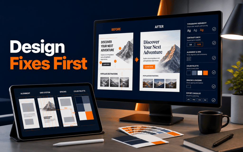 Featured image showing a premium graphic design review workspace with the label Design Fixes First.