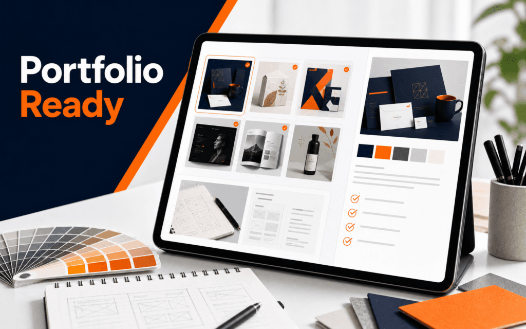 Featured image showing a premium graphic design portfolio board with the label Portfolio Ready.