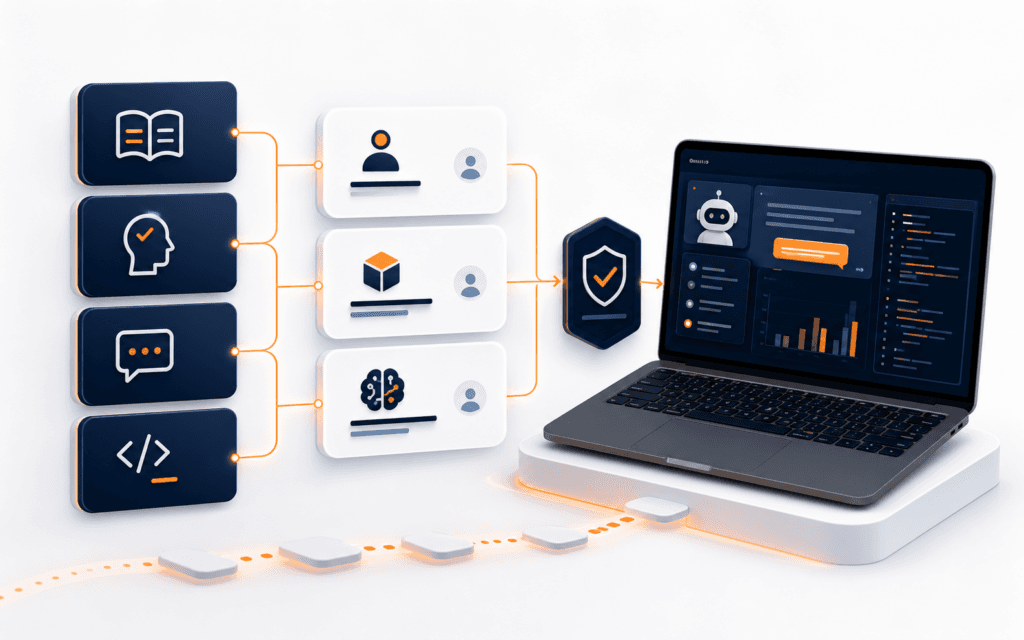 a beginner AI skills roadmap flowing into a reviewed full-stack capstone represented through communicate how to learn artificial intelligence as teach four durable ai skill layers and connect them to one bounded, tested full-stack capstone, readable at thumbnail size.