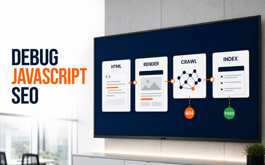 enterprise JavaScript SEO diagnostics workstation showing HTML, rendering, crawling, indexing, a 404, and a fixed path represented through communicate javascript website seo troubleshooting as bridge developer diagnostics and seo outcomes, readable at thumbnail size.