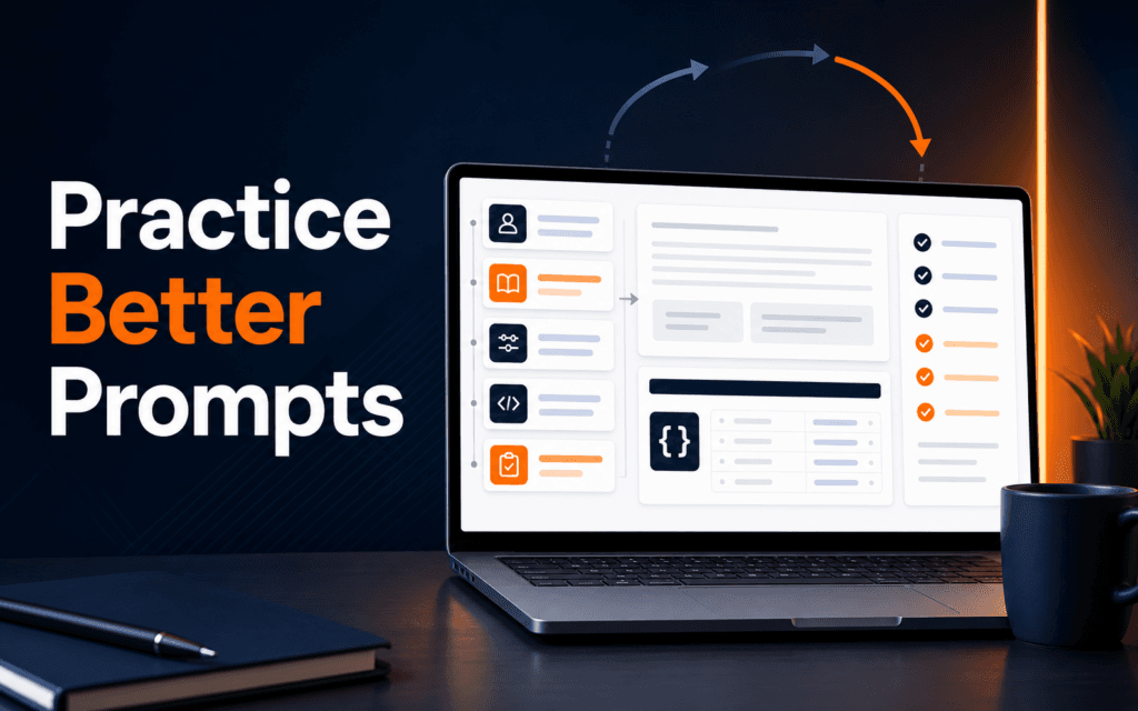 Featured image showing a premium prompt engineering practice workspace with the label Practice Better Prompts.