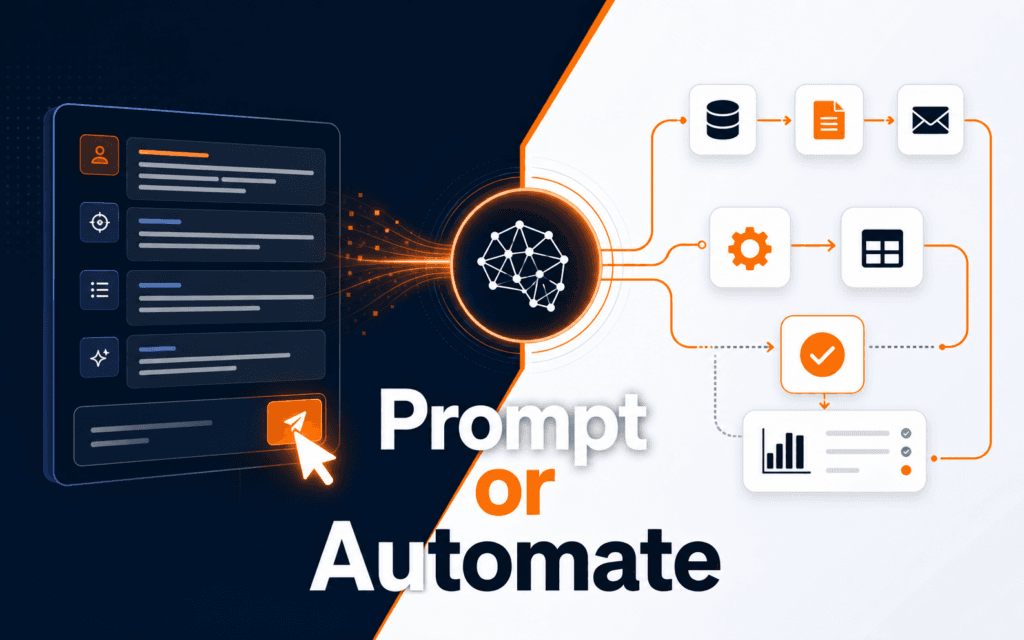 a split prompt panel and automation workflow connected through an AI orchestration core for a Rising Edge article about A decision comparison between better AI instructions and repeatable tool-connected automation workflows.