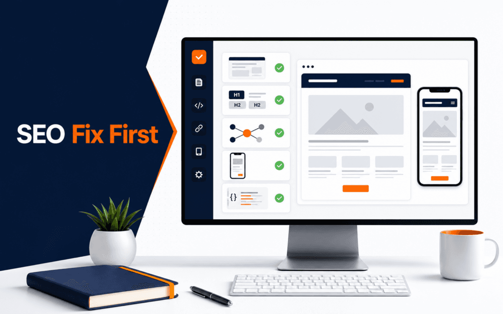 Featured image showing a premium SEO audit workflow with checklist panels and the label SEO Fix First.