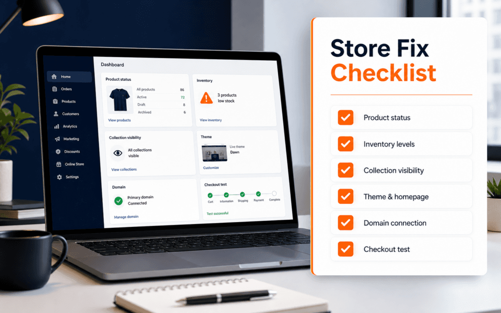 Featured image showing a Shopify-style store troubleshooting checklist with the label Store Fix Checklist.