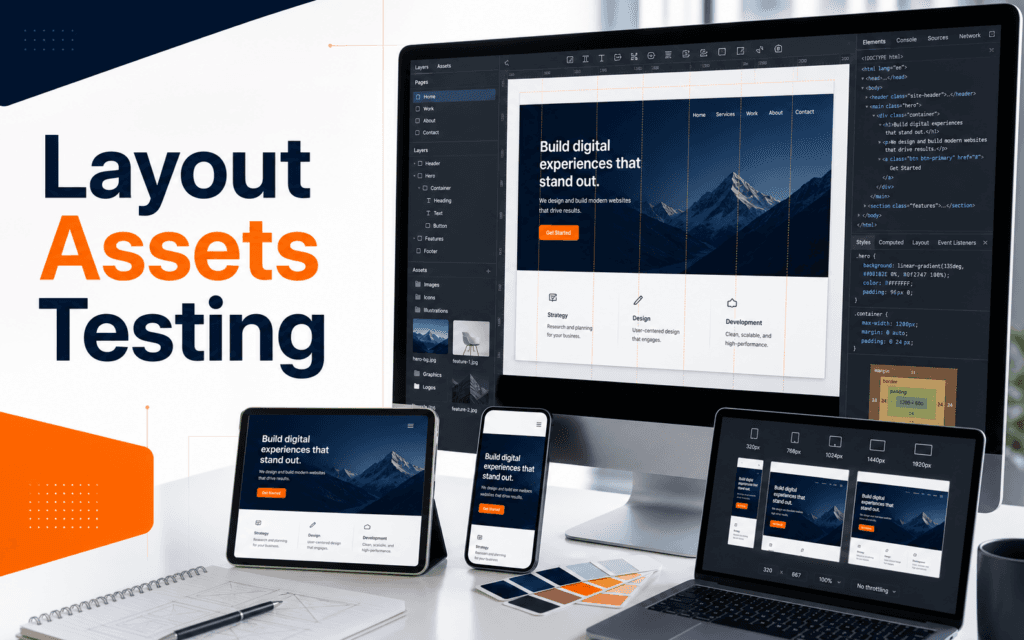 Featured image showing responsive web design tools with the label Layout Assets Testing.