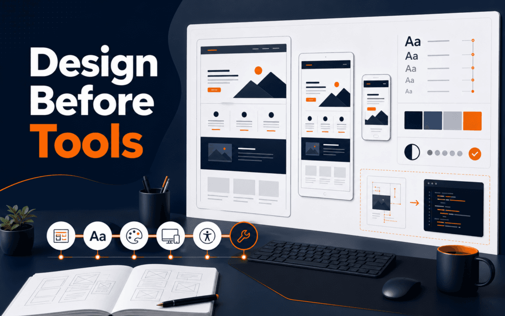 responsive website design frames with typography, palette, accessibility, and handoff indicators for a Rising Edge article about A beginner web design foundation system showing layout, typography, color, responsive frames, accessibility, and handoff before tool choice.