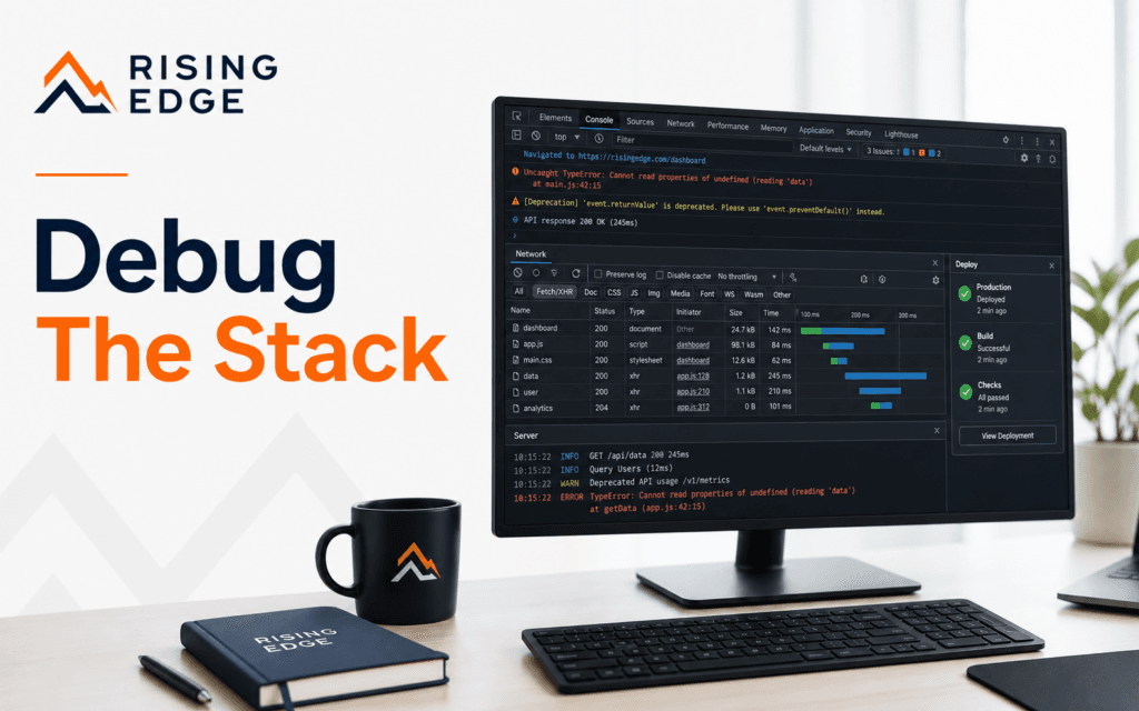 Featured image showing a web development debugging workflow with console, network panel, server logs, and deploy status.