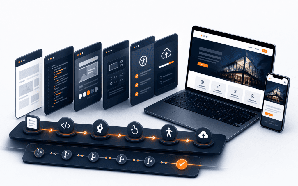 a layered responsive website capstone roadmap represented through communicate web development skills roadmap as use one responsive business website as a recurring capstone and organize learning into milestone-based plan, build, test, and review cycles, readable at thumbnail size.