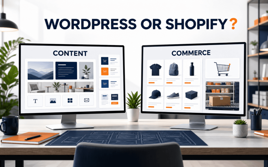 balanced enterprise web-production studio comparing content website and commerce workflows represented through communicate wordpress vs shopify learning path as compare learning outcomes rather than generic feature lists, readable at thumbnail size.