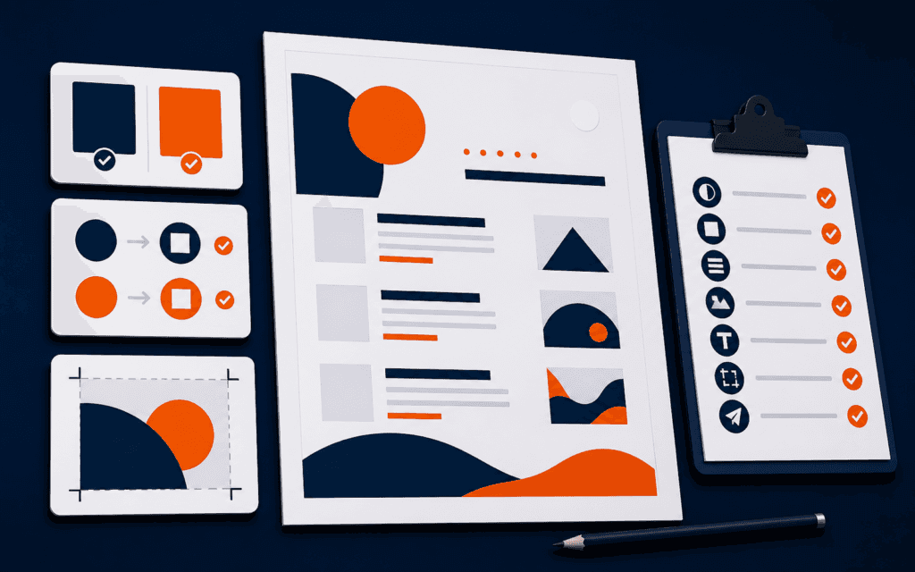 Featured image showing a graphic design canvas with contrast, shape, crop, and accessibility handoff checks.