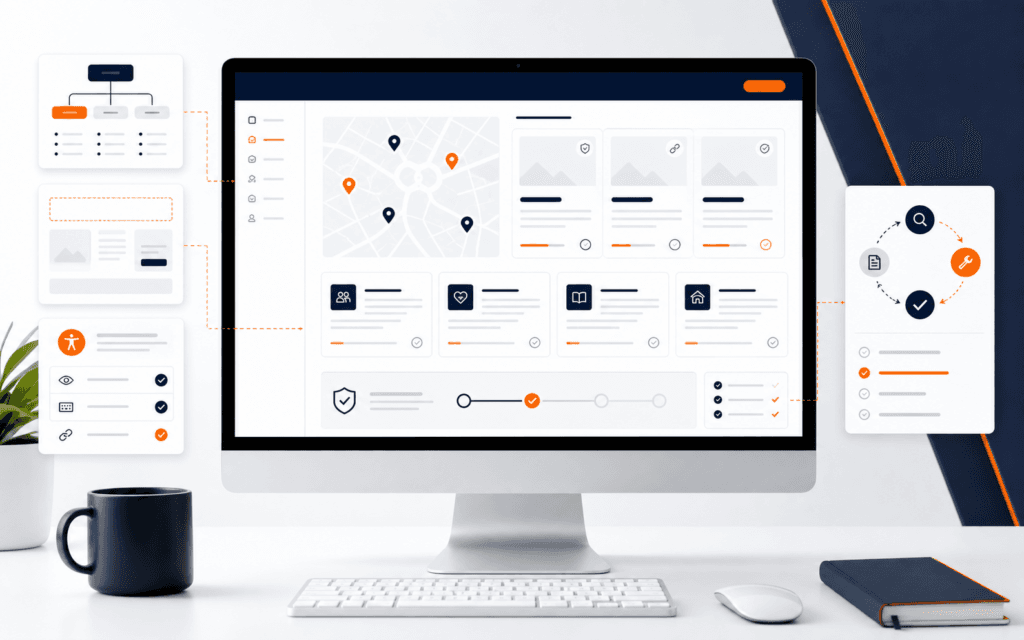 Featured image showing a community resource website with page structure, accessibility checks, link verification, and maintenance flow.