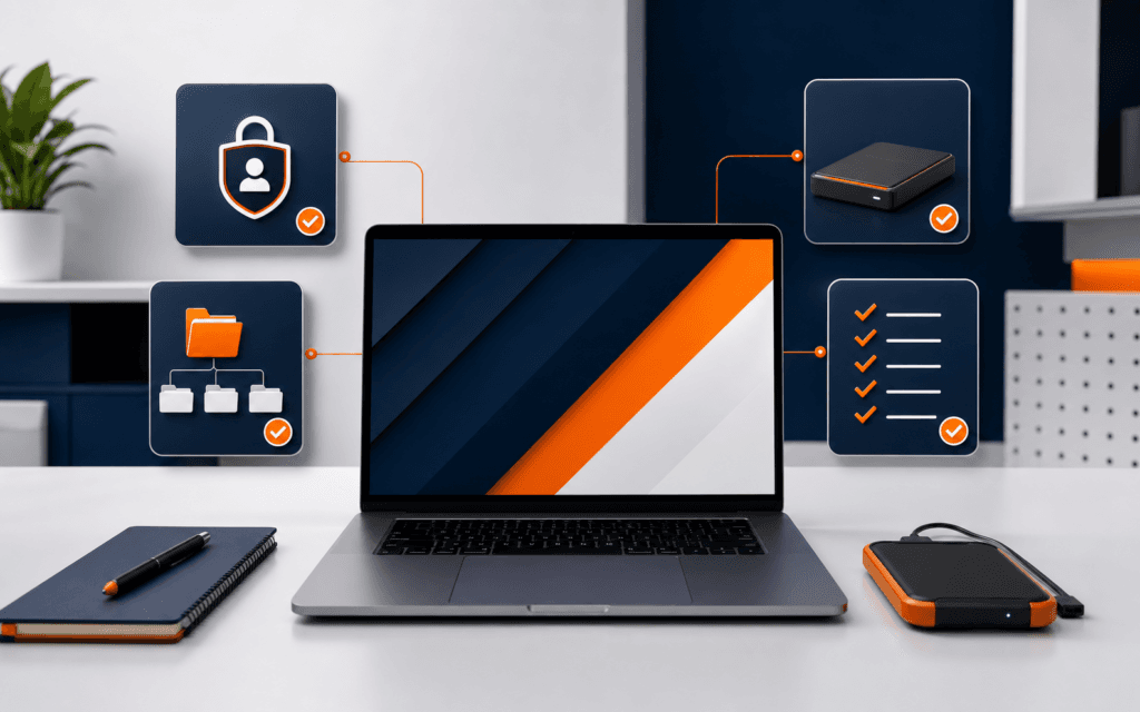 Featured image showing a laptop with secure account access, organized files, backup storage, and a completed practice checklist.